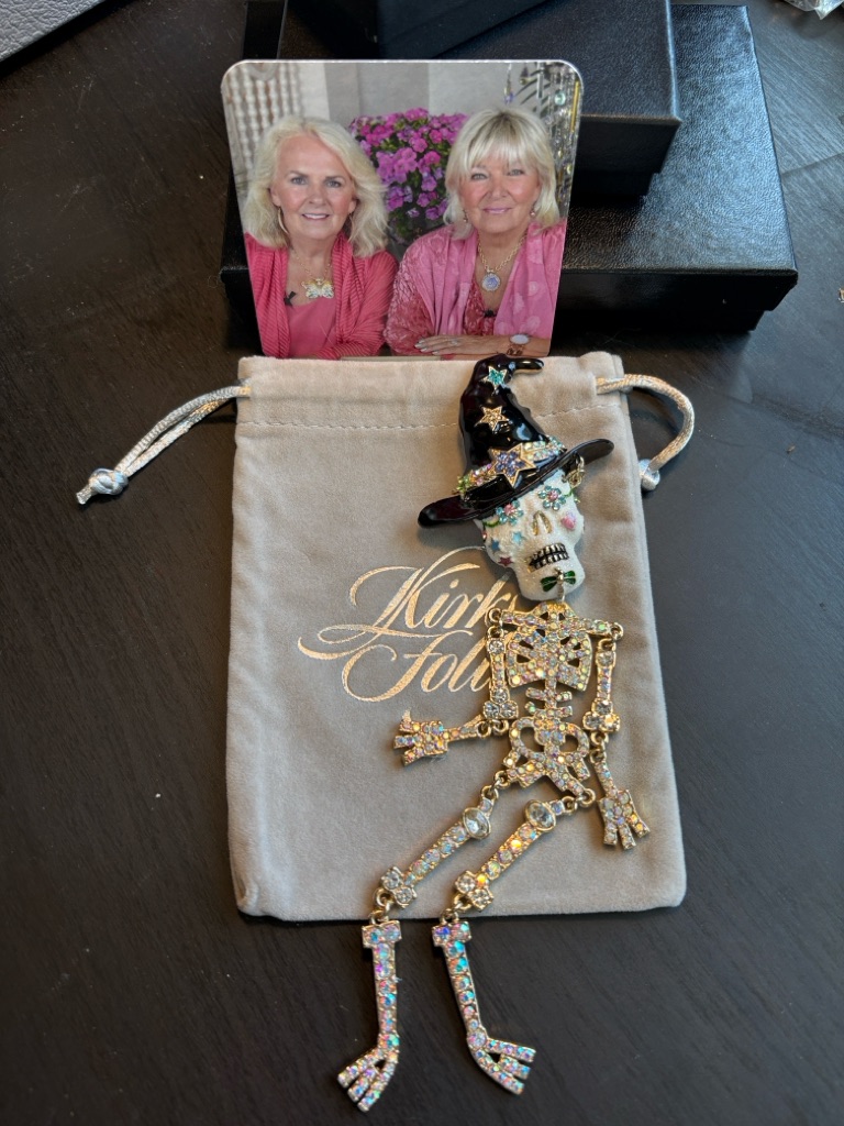 Kirks Folly Black Enamel Witch Hat Skeleton Brooch With Iridescent Crystals 90$